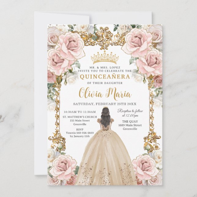 Vintage  Rosa Champagne Blommigt Quinceañera Inbjudningar (Framsida)