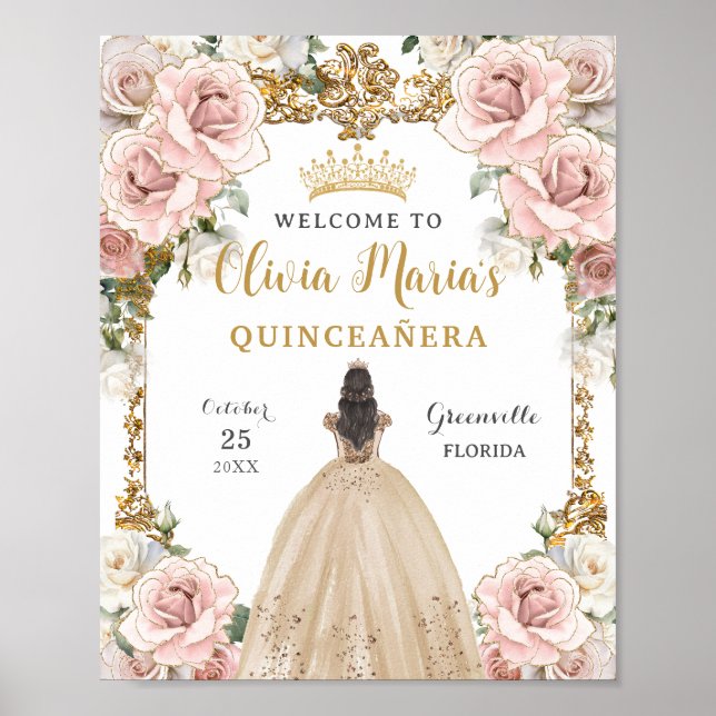 Vintage  Rosa Champagne Blommigt Quinceañera Poster (Framsidan)