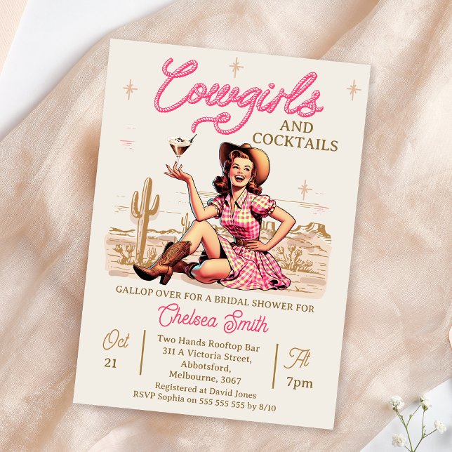 Vintage Rosa Cocktails Cowgirl Möhippa Invit Inbjudningar (Vintage Cowgirl Bridal Shower Invitation Template, Retro Western Cowgirls Bridal Shower Invitations)