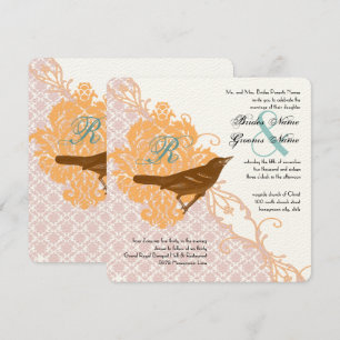 Vintage Rosa Coral Mint Love Bird Damask Wedding Inbjudningar
