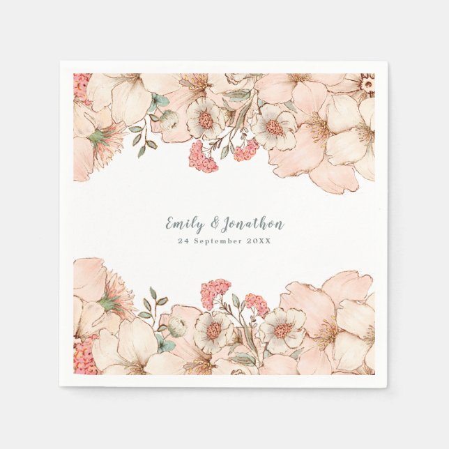 Vintage  Rosa Cream Flower Namn Datum Bröllop Pappersservett (Framsidan)