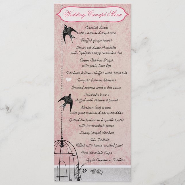 Vintage Rosa Damask Bird Cage Spara datum Meny (Framsida)