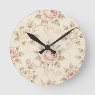 Vintage Rosa Damask Blommönster Rund Klocka