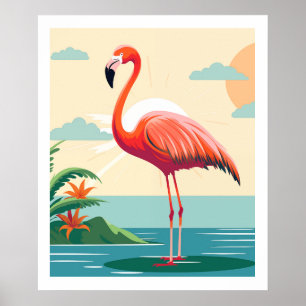 Vintage Rosa Flamingo on Beach Poster