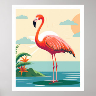 Vintage Rosa Flamingo on Beach Poster