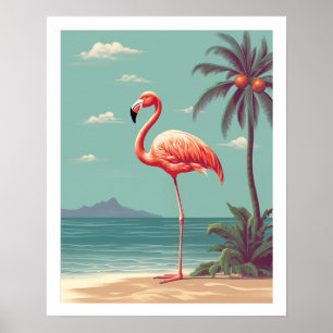 Vintage Rosa Flamingo på Beach Poster