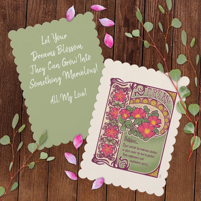 Vintage Rosa Flower Encouragement och Dreams Card (Vintage Pink Flower Encouragement and Dreams Card - Sage Green with Scalloped Edges)