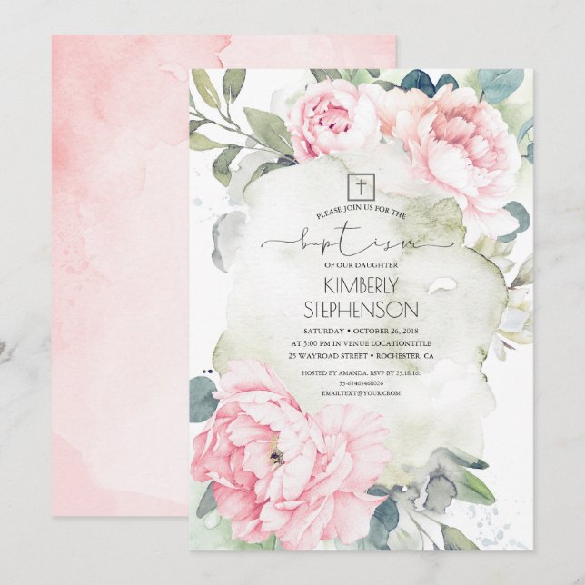 Vintage Rosa Flowers and Greenery Baptism Inbjudningar (Fram/baksida)