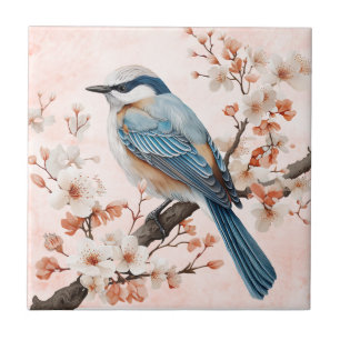 Vintage Rosa Flowers Bird Flora & Fauna Art Kakelplatta