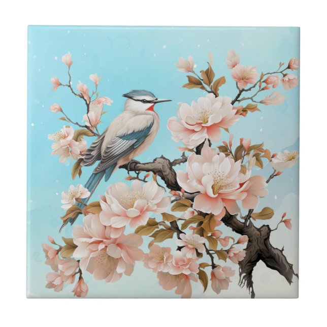 Vintage Rosa Flowers & Bird Light Blue Kakelplatta (Framsidan)