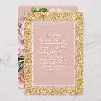 Vintage Rosa Flowers Guld Glitter Möhippa Inbjudningar