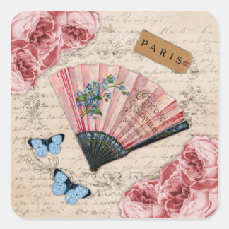 Vintage Rosa Fransk Fläkt Fyrkantigt Klistermärke