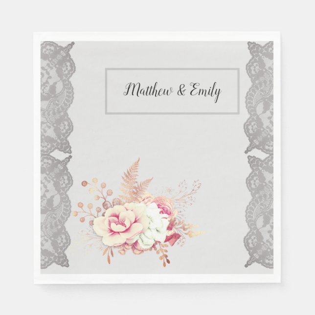 Vintage  Rosa Grått Blommigt Snöre Pappersservett (Framsidan)