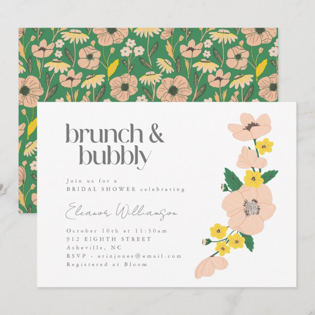 Vintage Rosa Grön Blommig Brunch Bubbly Shower Inbjudningar (Fram/baksida)