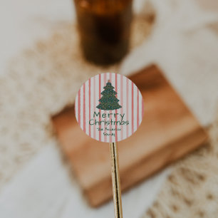 Vintage Rosa Grönt Hand plockade Julgran Runt Klistermärke
