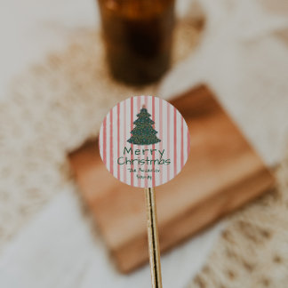 Vintage Rosa Grönt Hand plockade Julgran Runt Klistermärke