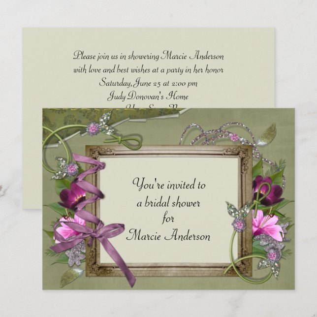 Vintage Rosa Grönt Möhippa Inbjudan (Fram/baksida)