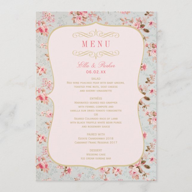 Vintage Rosa Guld Blommig Trädgårdsfest Bröllop Meny (Framsida)