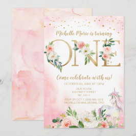 Vintage Rosa Guld Blommigt Unicorn Första födelsed Inbjudningar