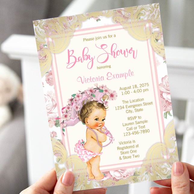 Vintage Rosa Guld Rosa Bebis Shower Inbjudan (Skapare uppladdad)