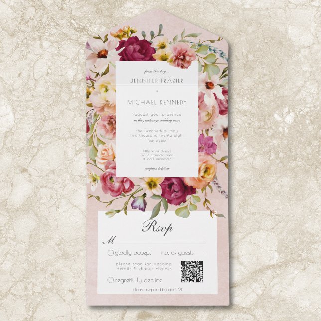 Vintage Rosa Gult Blommigt Rosa Bröllop QR (Vintage Pink Yellow Floral Pink Wedding QR All In One Invitation)