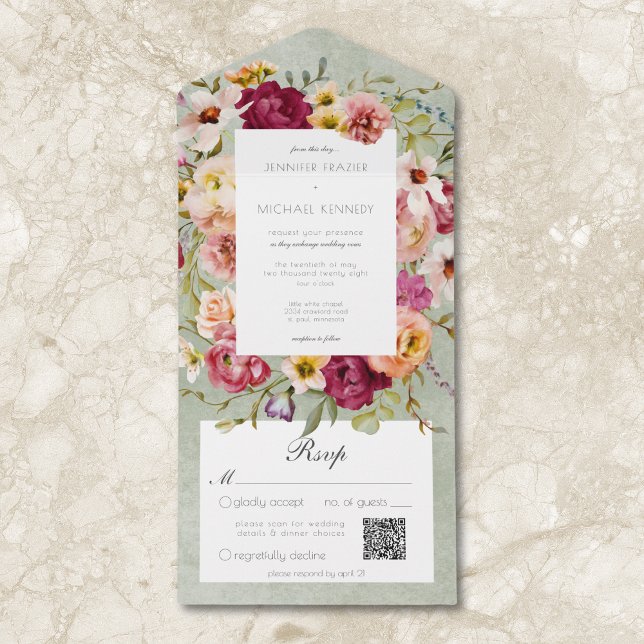 Vintage Rosa Gult Blommigt Sage Bröllop QR (Vintage Pink Yellow Floral Sage Wedding QR All In One Invitation)