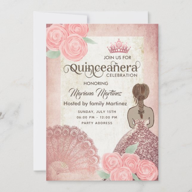 Vintage  rosa hand fläkt ro tiara Quince Inbjudningar (Framsida)