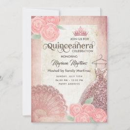 Vintage  rosa hand fläkt ro tiara Quince Inv Inbjudningar