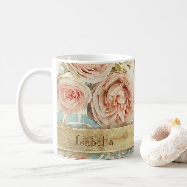 Vintage  Rosa Heirloom Ro Blommigt Damask Kaffemugg (Med munk)