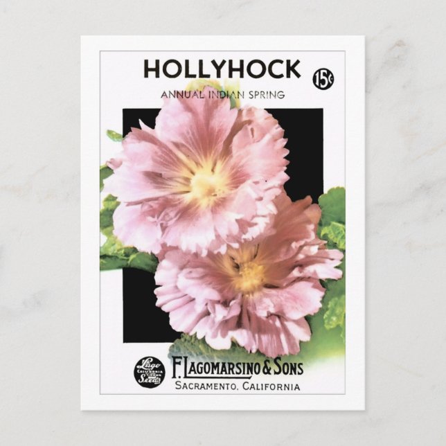 Vintage Rosa Hollyhock Seed Packet  Vykort (Framsida)