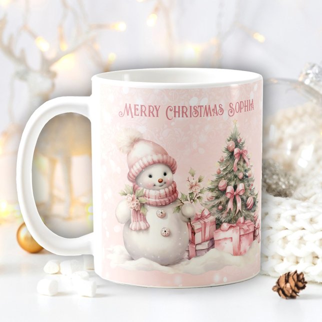 Vintage Rosa jul Snögubbe Anpassat namn Snö Kaffemugg (Vintage Pink Christmas Snowman Name Text Snowy Mug)