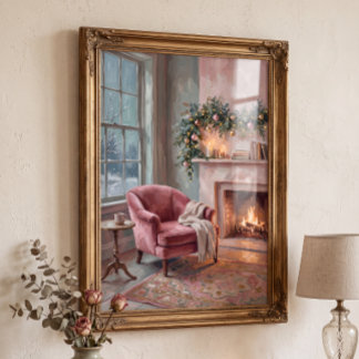Vintage Rosa Jul Storstuga Cottagecore Poster