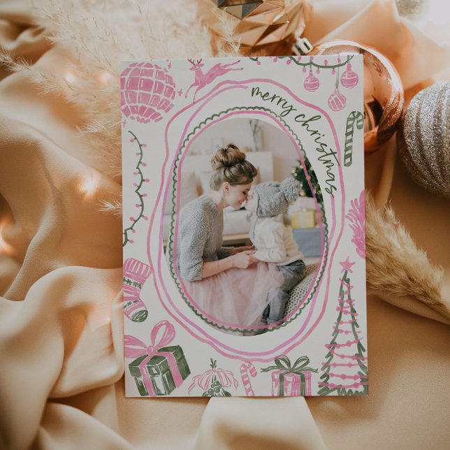 Vintage Rosa Juli, vattenfärgsfamiljfoto Julkort (Vintage Pink Watercolor Christmas Card)