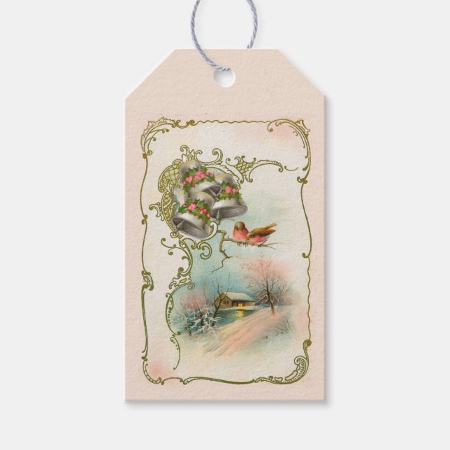Vintage Rosa Juli Winter Bird Scene Presentetikett (Framsidan)