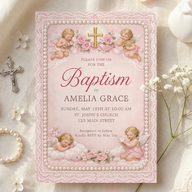 Vintage Rosa Kerub och Ros Dop Inbjudan  (Pink cherub baptism invitation with pearls and vintage floral elegance)