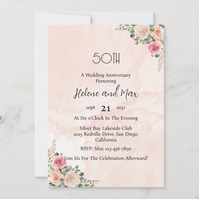 Vintage Rosa Kräm Blommig Bröllopsjubileum  Inbjudningar (Framsida)