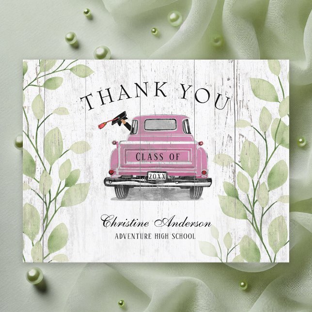 Vintage Rosa Lastbil Rustik Examenstakknam Vykort (Retro Vintage Pink Truck with Greenery Rustic Graduation Thank You)