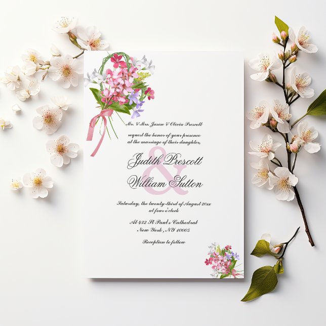 Vintage rosa lilax, vit blombuquet Bröllop Inbjudningar (Vintage pink lilac white flower bouquet Wedding )