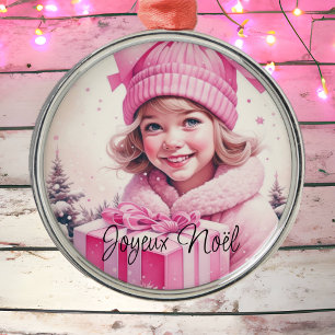 Vintage Rosa Little Girl jul Joyeux Noël Julgransprydnad Metall