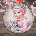Vintage Rosa Little Girl jul Julgransprydnad Metall<br><div class="desc">Den söt lilla vintagen-flickan som håller en liten grått-randig kattunge,  präglad av helig jul-prydnad för dem som tycker om en gammaldags jul.</div>