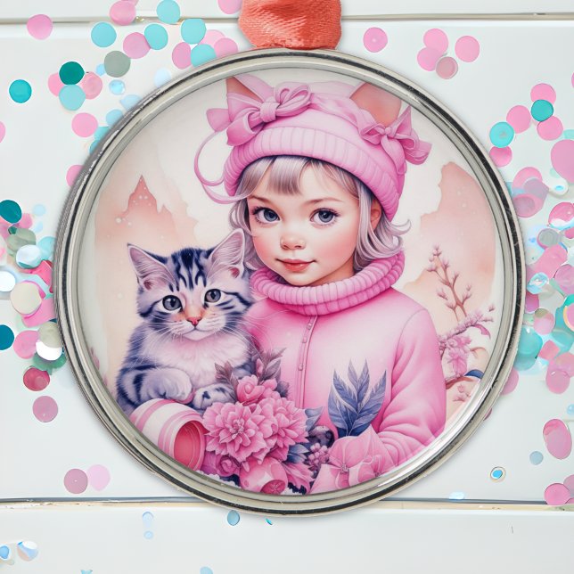 Vintage Rosa Little Girl jul Julgransprydnad Metall (Skapare uppladdad)