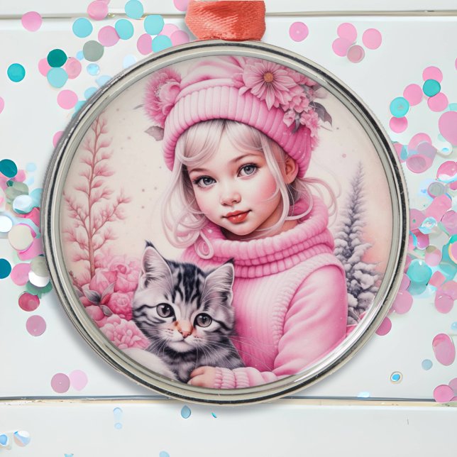 Vintage Rosa Little Girl jul Julgransprydnad Metall (Skapare uppladdad)