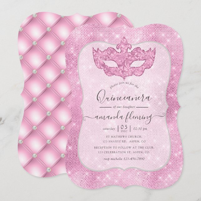 Vintage Rosa Maskerad Quinceañera-inbjudan Inbjudningar (Fram/baksida)