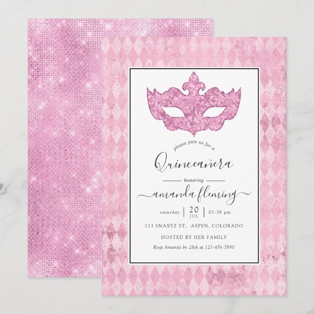 Vintage Rosa Masquerad Quinceañera Inbjudningar (Fram/baksida)