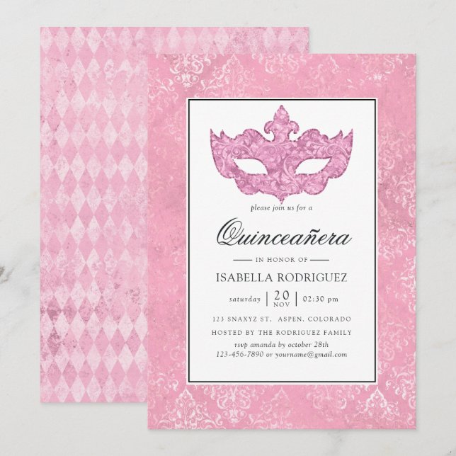 Vintage Rosa Masquerad Quinceañera Inbjudningar (Fram/baksida)