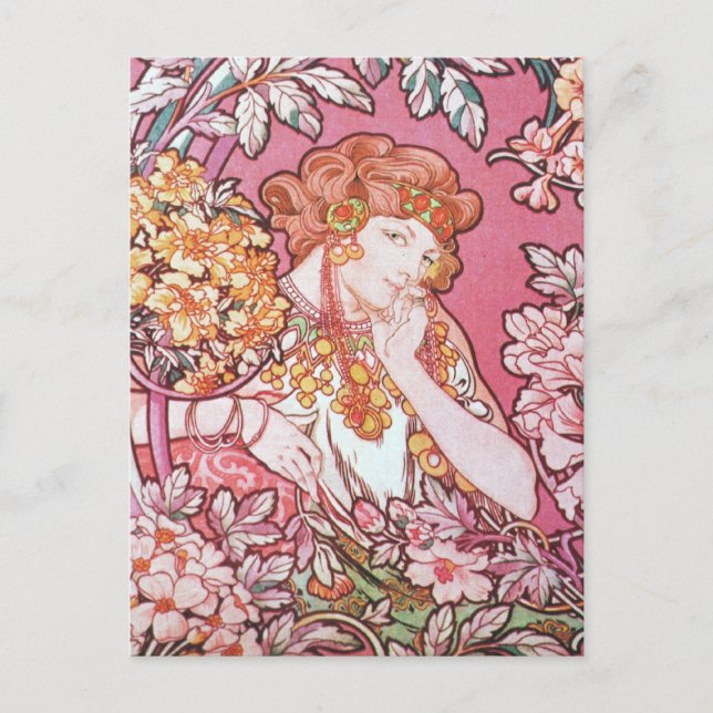 Vintage Rosa Mucha Art Vykort (Framsida)