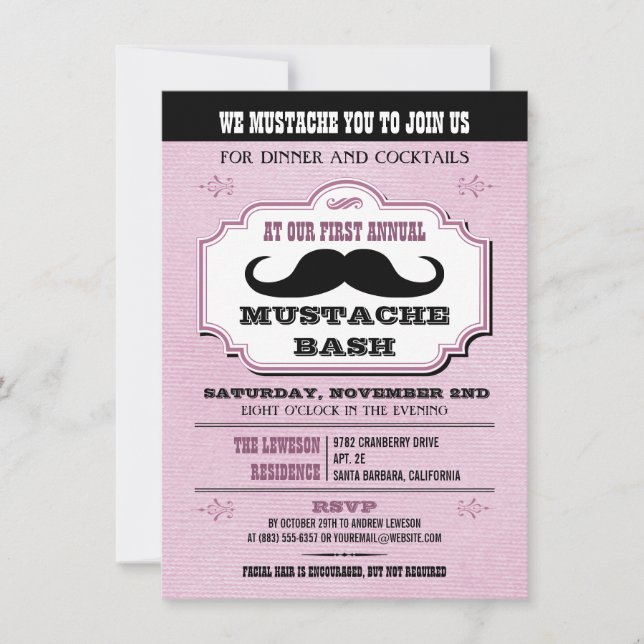 Vintage Rosa Mustache Bash Inbjudningar (Framsida)