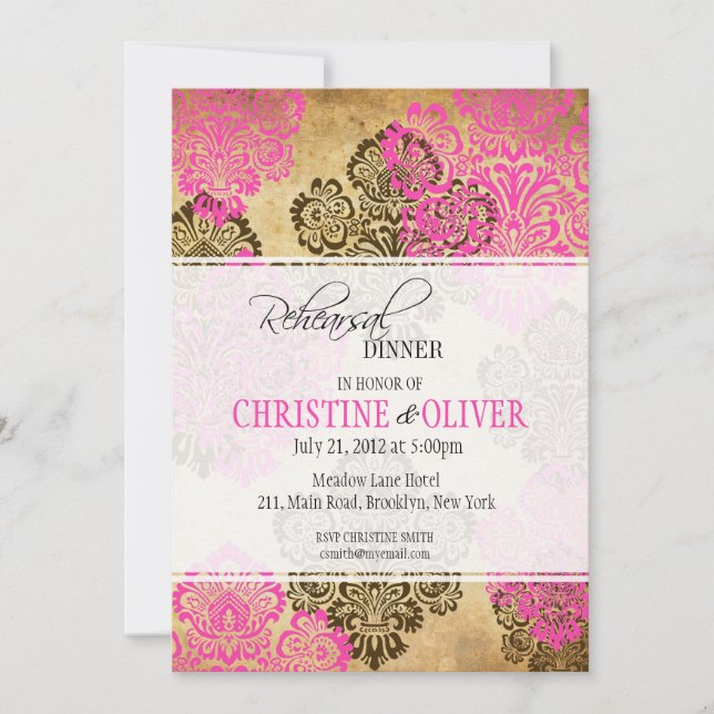 Vintage Rosa och brunt Bröllop Rehearsal Middag Inbjudningar (Framsida)