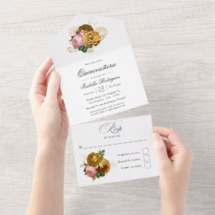Vintage Rosa och Guld Blommigt Quinceañera