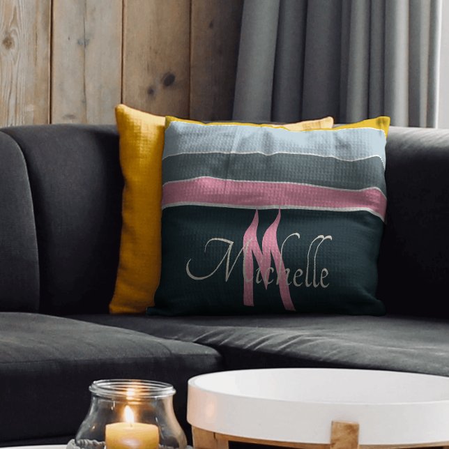 vintage rosa och marinblå Ränder monogram Kudde (Skapare uppladdad)